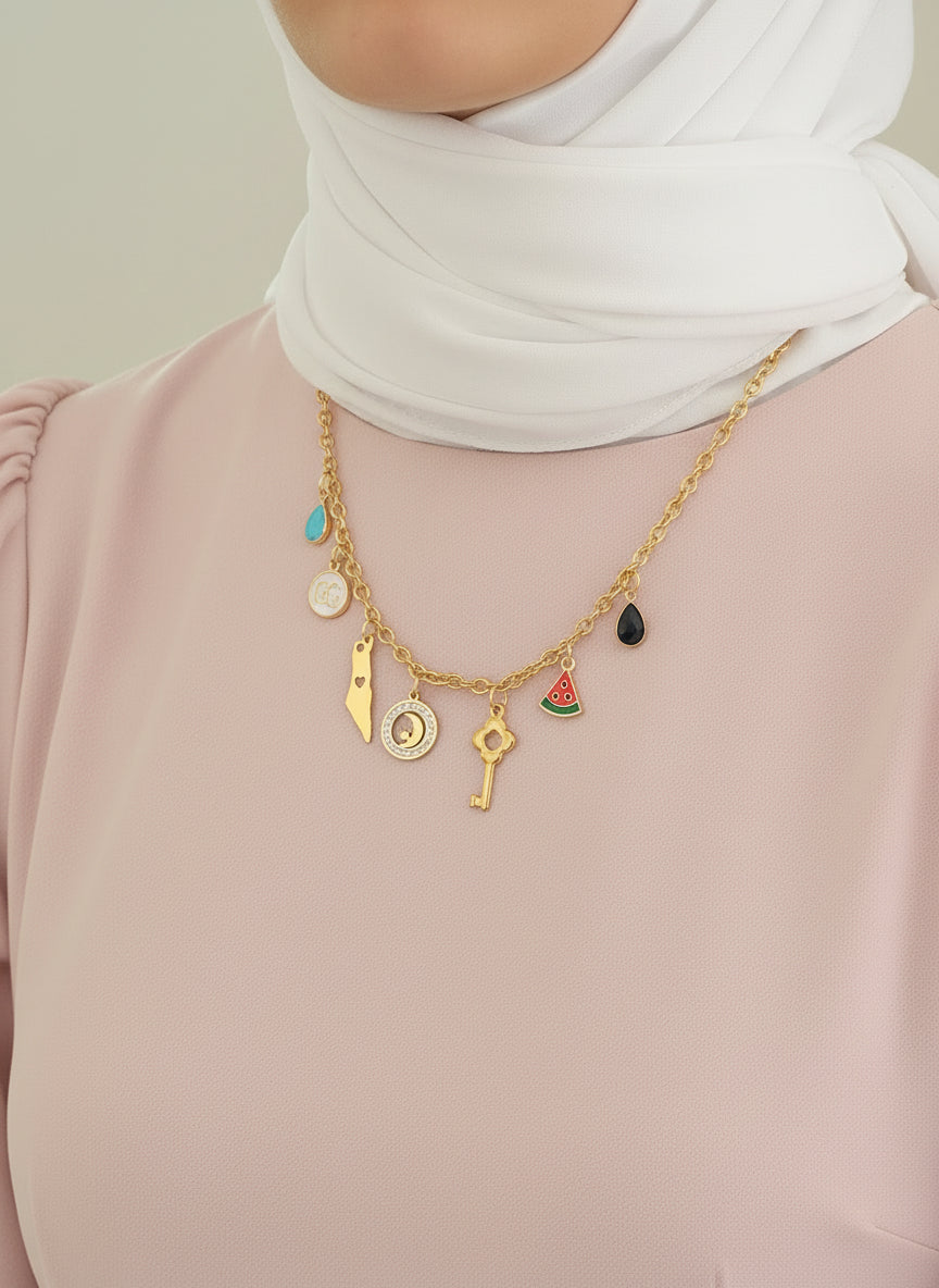 Palestine charm necklace with Arabic initial