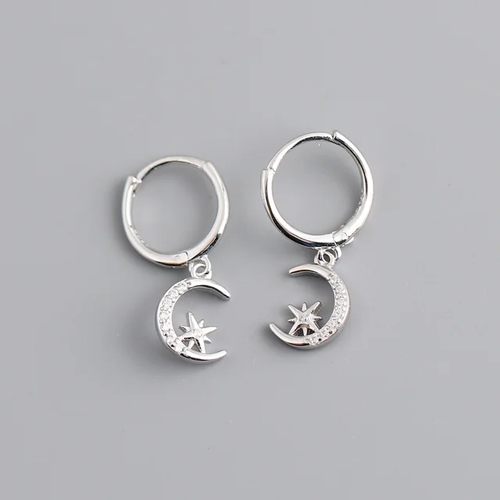 Silver star and moon zircon hoops dainty