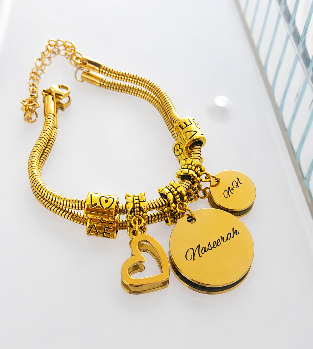 Disc and heart charm personalised bracelet